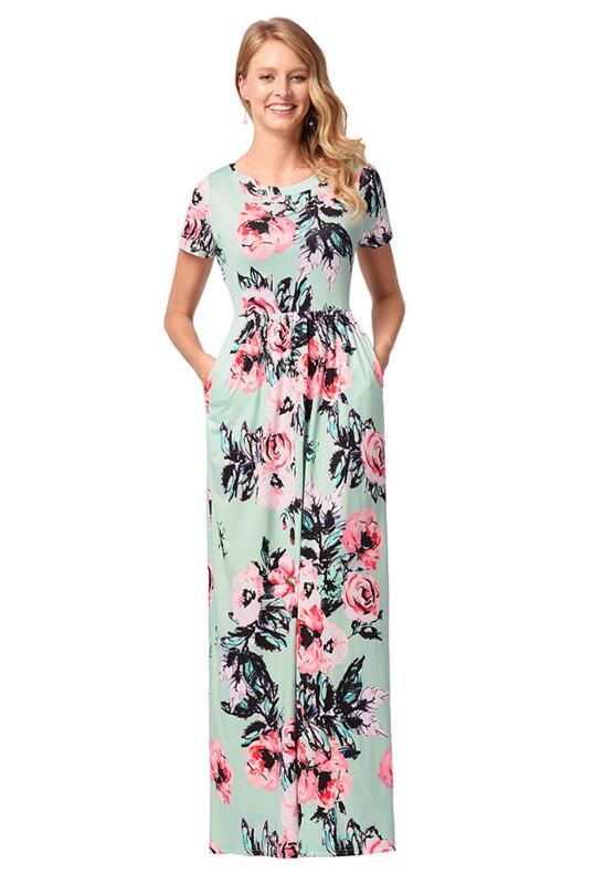 SZ60130-3 Womens Short Sleeve Floral Print Maxi Dress With Pockets